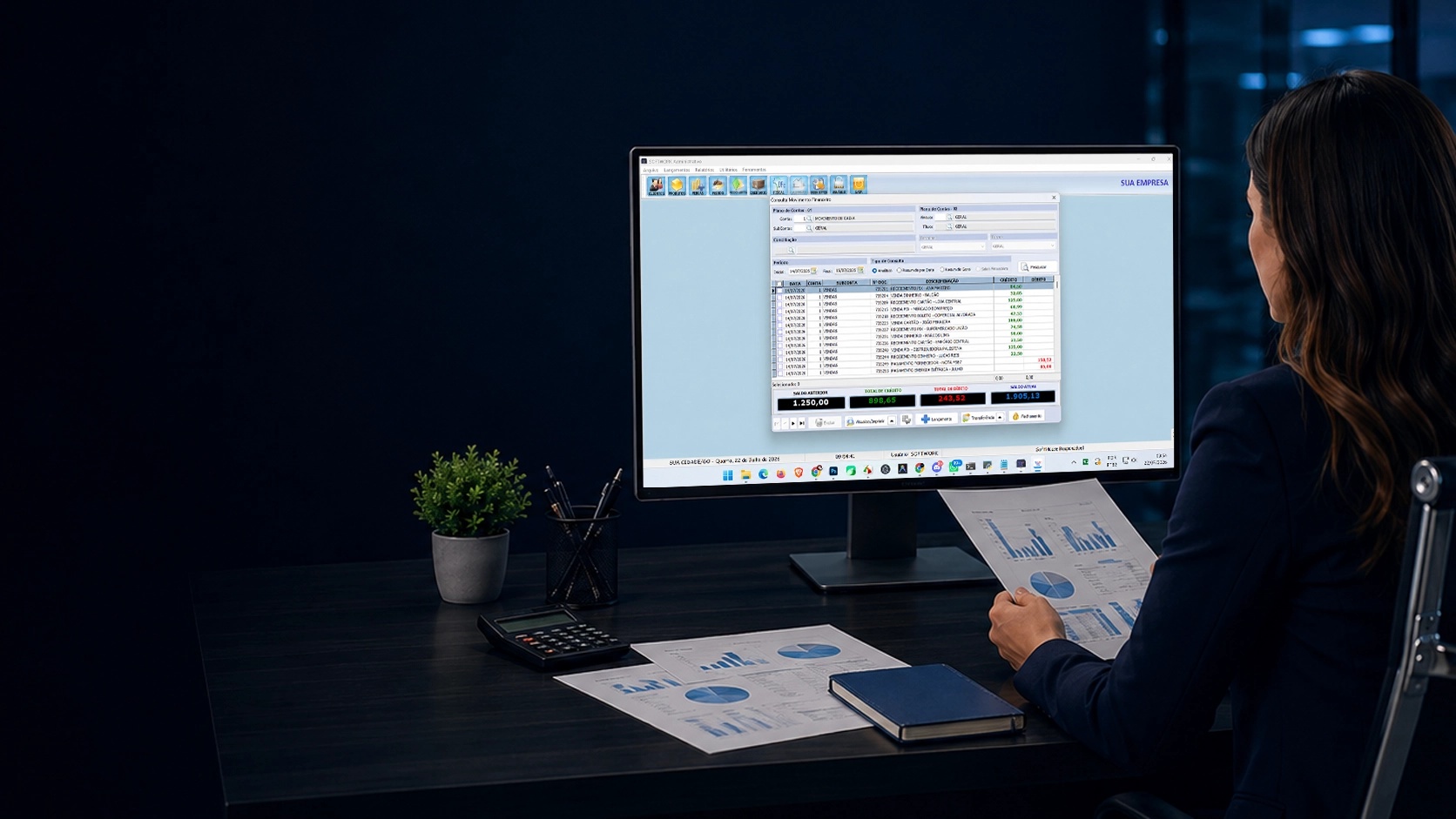 Profissional analisando o fluxo de caixa da empresa no sistema Softwork