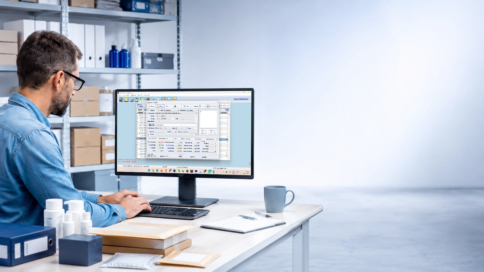 Profissional organizando produtos e fornecedores no sistema Softwork