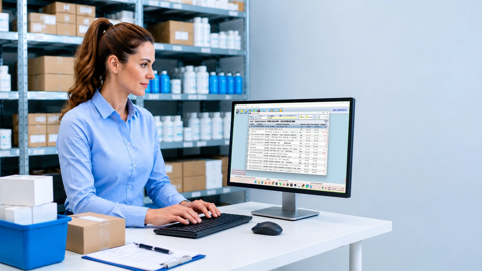 Profissional controlando lotes e validade de produtos no sistema Softwork